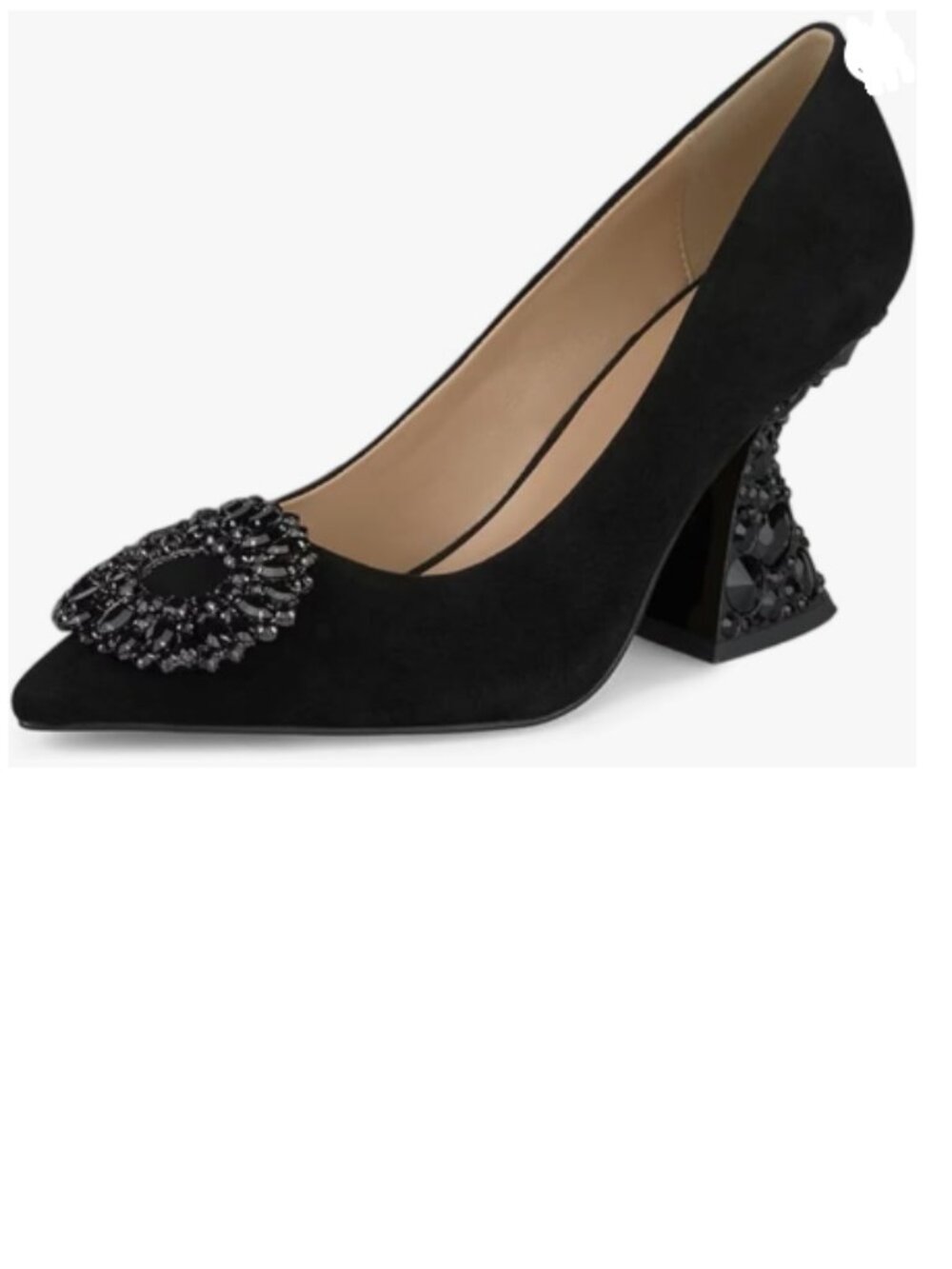 YDN Black Pointed-Toe Pump with Jeweled Brooch and Faceted Block Heel